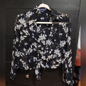 100% Silk AnnTaylor Black Floral Summer  Blouse
